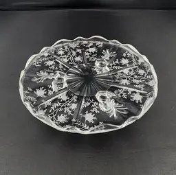 VTG Fostoria Meadow Rose Etched Round 3 Footed Serving Platter Scalloped Edge