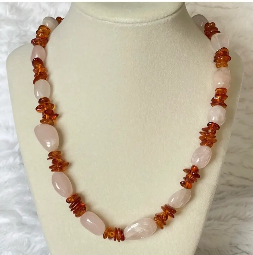 Rose quartz and amber chip necklace