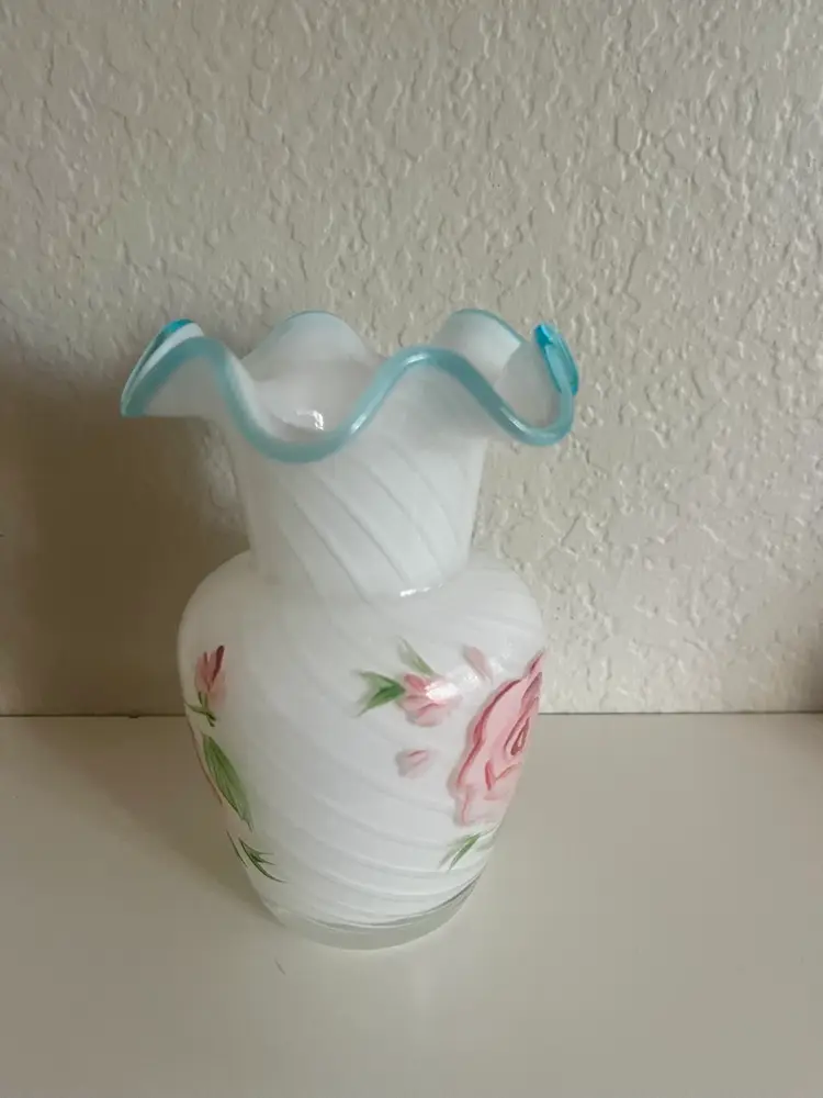 Vintage Hand Painted Fenton Pinched Glass Floral Vase