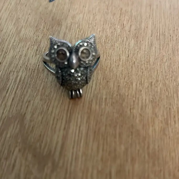 Owl Ring Band Sz 8 Marcasite Smoky Topaz Eyes Vintage