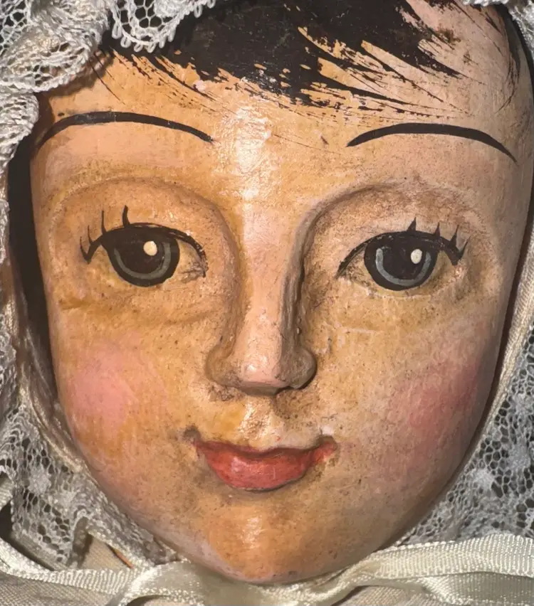 Antique 24” Wood Doll Carved+Hand Painted Head-Hand-Feet Muslin Sawdust Stuffed