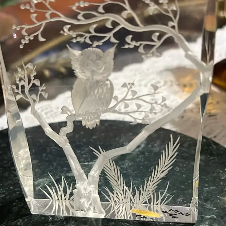 Vintage Carved Lucite With Owl On Tree  4” Tall, Paperweight Or Decor Piece Mid Century MCM Bird