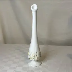 White milk glass bud vase with raised Peach Colored roses. Believe It Is Fenton, But No Marking. 9”