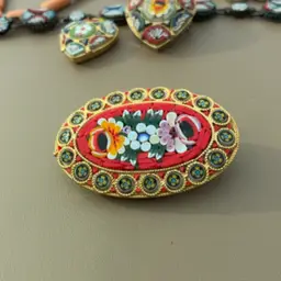 Oval Red Floral Micro Mosaic Brooch 2”x1.5”