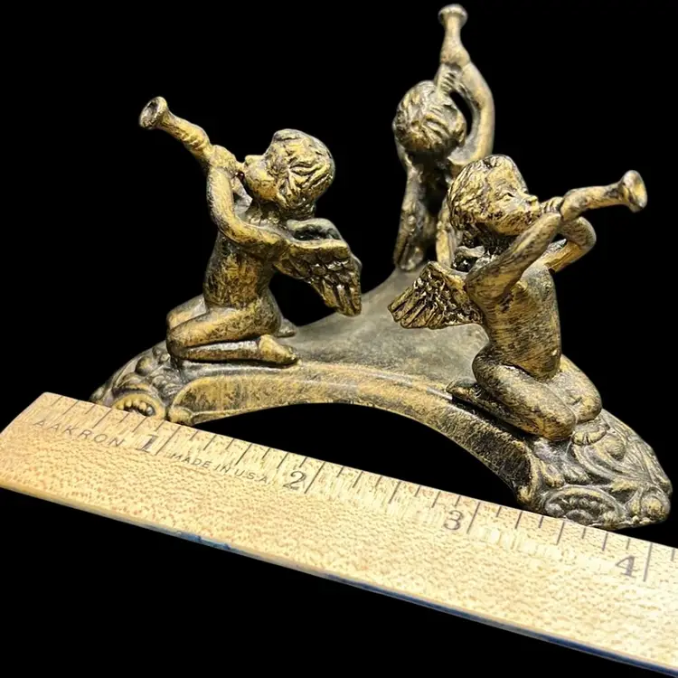 Vintage cast metal gold-tone cherub figurine with trumpets.paper Weight Golfer, Plans Hold, Plate Holder