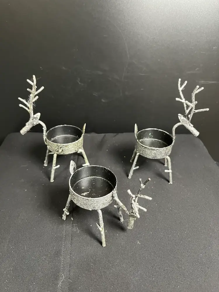 3 Silver Toned Metal "Twig" Textured Reindeer Teal Light Holders