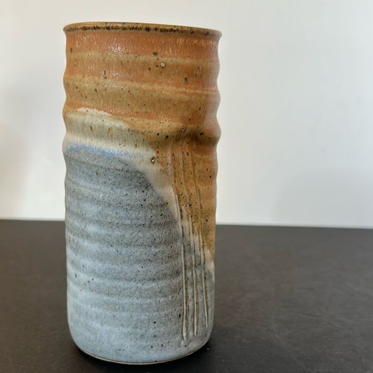 #630 handmade unglazed signed studio pottery vessel vase hand dent on both sides