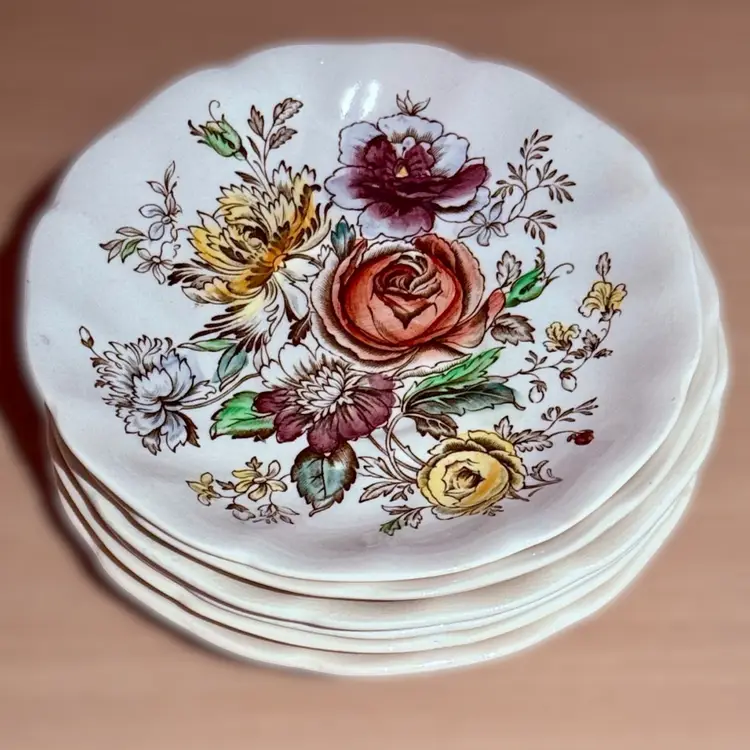 Vintage Johnson Brothers Sheraton Pattern Multicolor Floral Saucers Made In England, Set/6