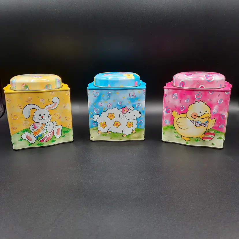 Vintage Easter Metal Lidded Tins Canisters Set of 3 Bunny Chick Sheep
