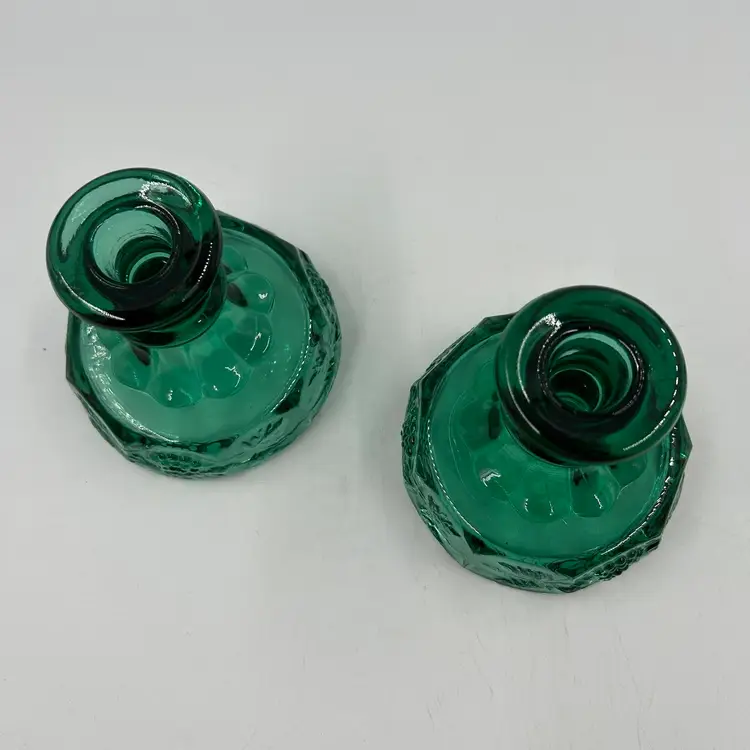 Vintage Pair Of Fenton Spruce Green Candlestick Holders With A Grape Pattern Approximately 4”T 4”W