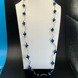 Metallic Sapphire, Blue Crystal, And Silvertone Necklace 34” Long