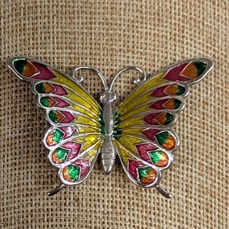 Vintage BEAU Sterling Butterfly Brooch Signed Multicolor Enameled 2 x 1-3/8"
