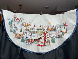 #11 Dimensions Christmas Village Charles Wysocki Tree Skirt Cross Stitched with Blue Backing