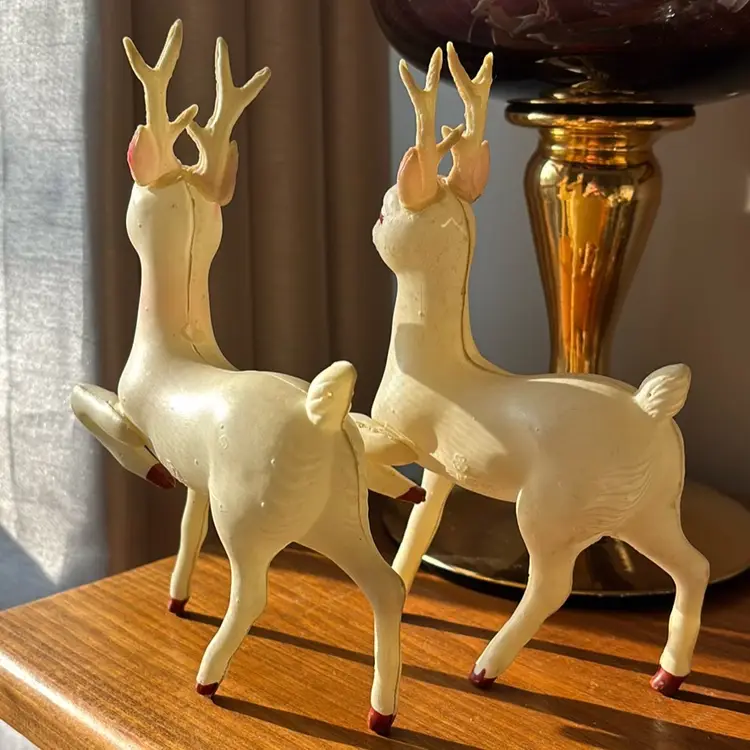 Vintage Pair Celluloid Prancing White Reindeer