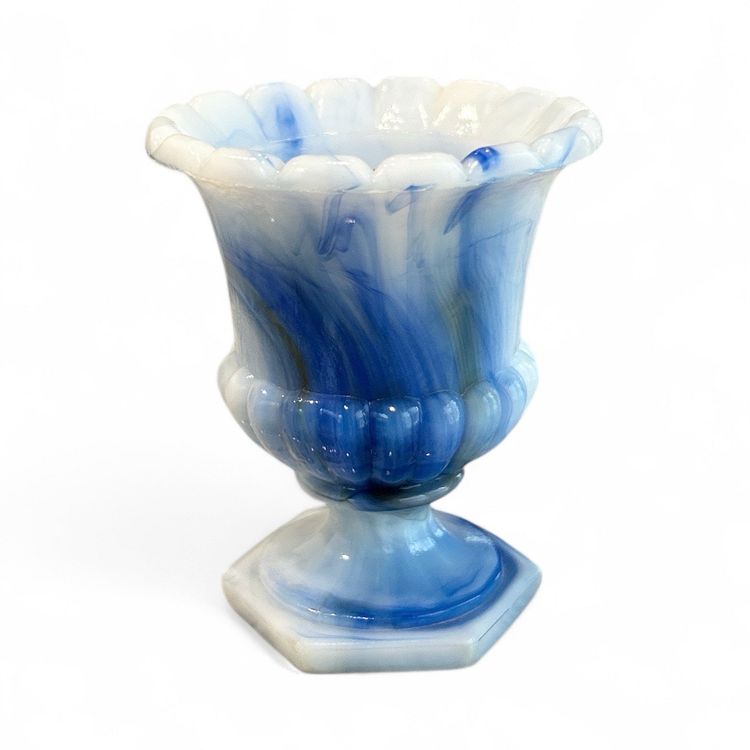 #2 - Some Orange Glow! Vintage Akro Agate Blue Slag Glass Toothpick Holder Or Planter.
