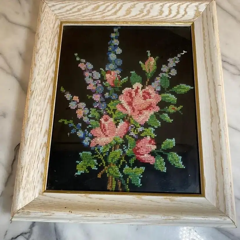 #2411 Floral Bouquet Embroidery Cross Stitch Pink and Blue Flowers Black Background