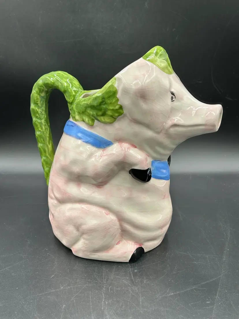 Coast Italy Pink Pig Pitcher Hand Painted Blue Ribbon For Williams Sonoma