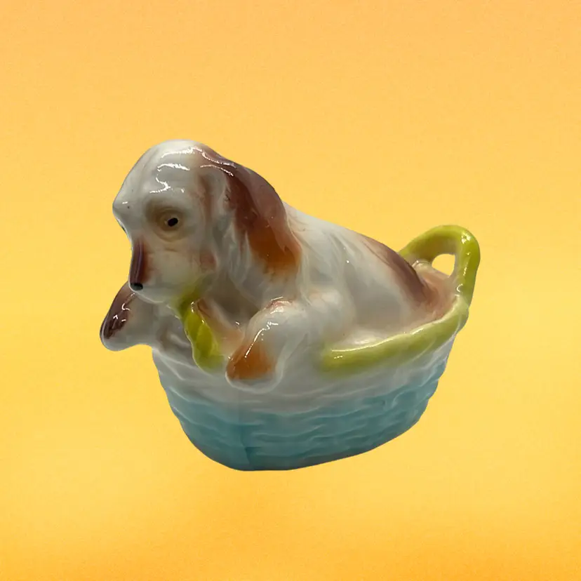 VTG CUTE DOG Puppy in Basket Figurine Porcelain Glazed 3.5"L Japan