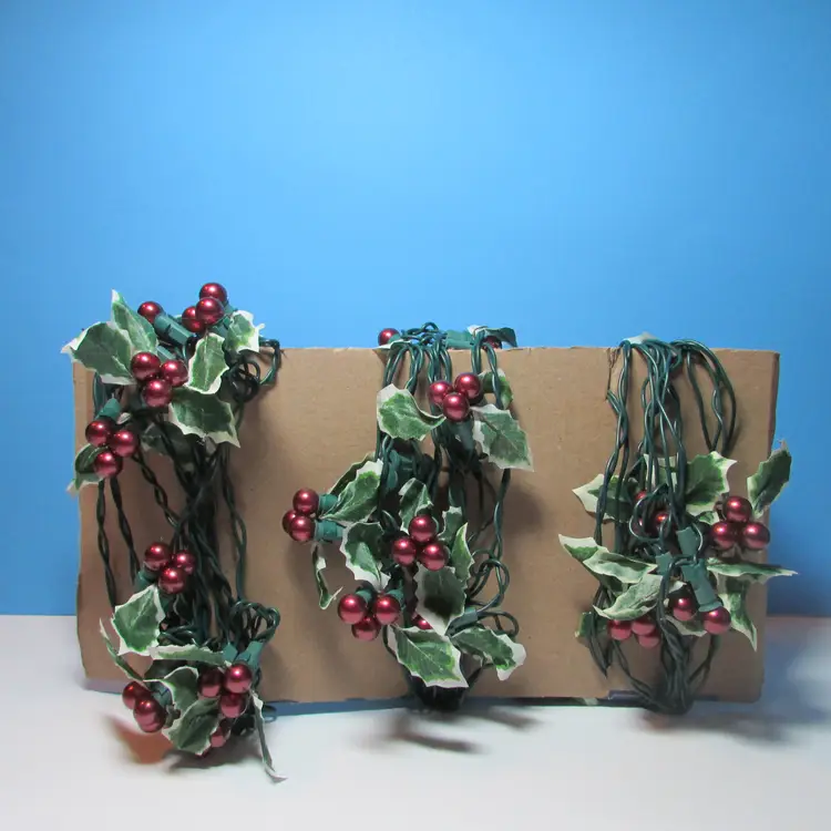 set of 3 vintage Christmas string lights holly leaf and berries clusters