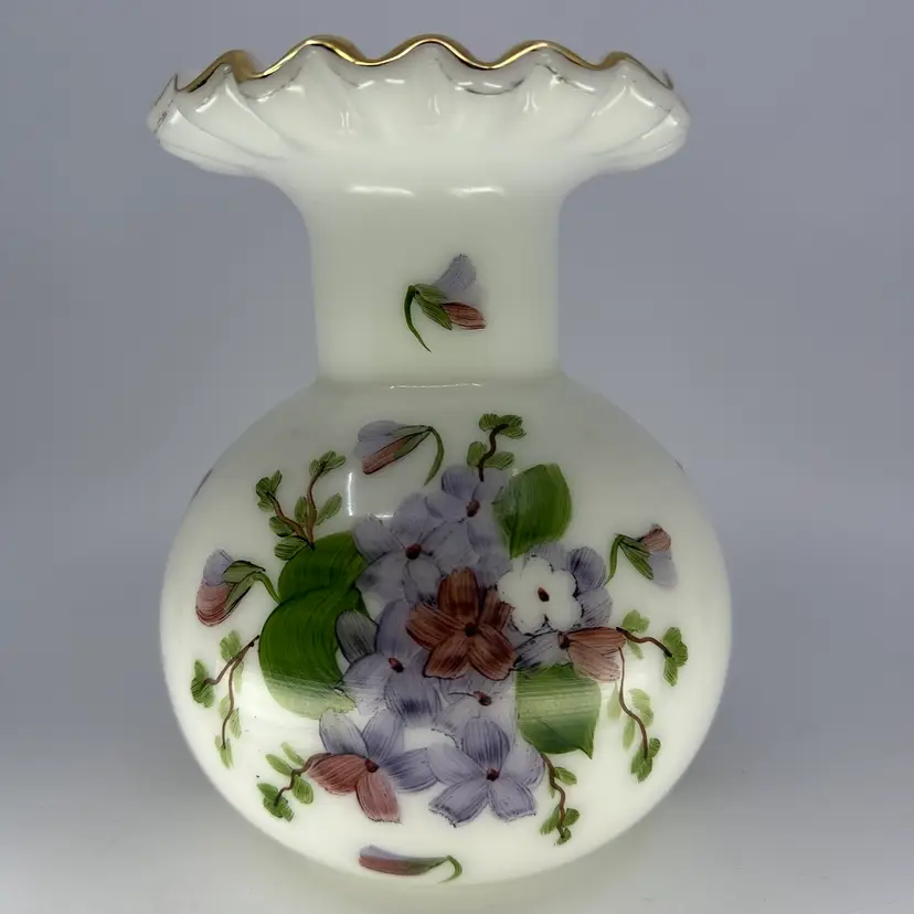 Vintage Milk Glass Ruffled Top Vase w Hand Painted Purple Flowers Gold Rim