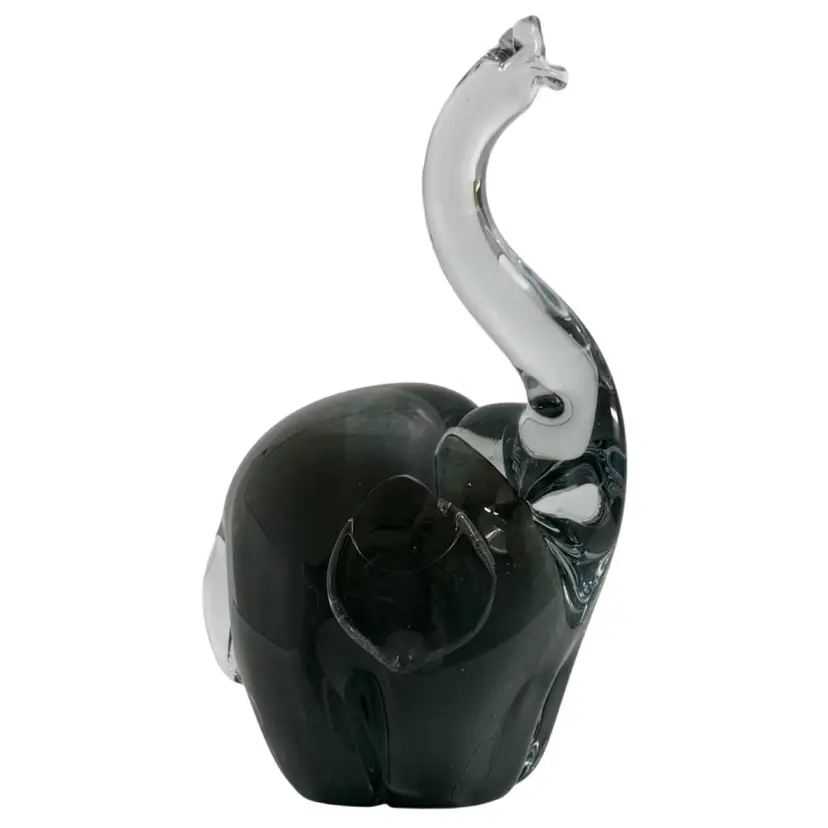 Hand Blown Art Glass Elephant Figurine Trunk Up Dark Smoky Gray Clear READ
6.5” T x 4” L x 2.25” W