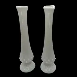 Pair Of Swung Milk Glass Hobnail Bud Vases 8 1/2”H