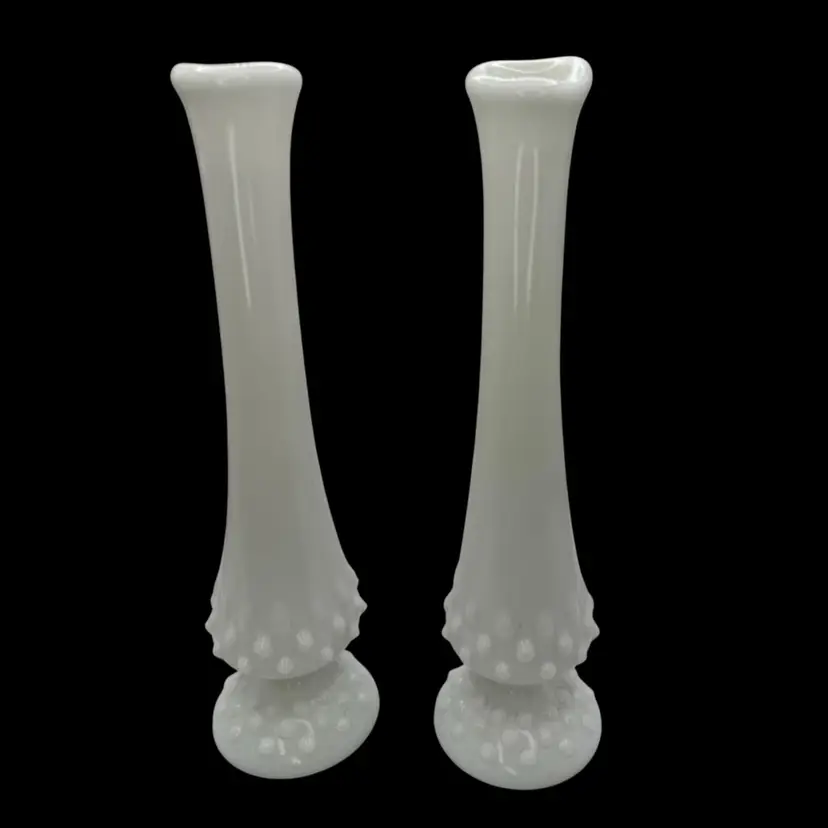 Pair Of Swung Milk Glass Hobnail Bud Vases 8 1/2”H