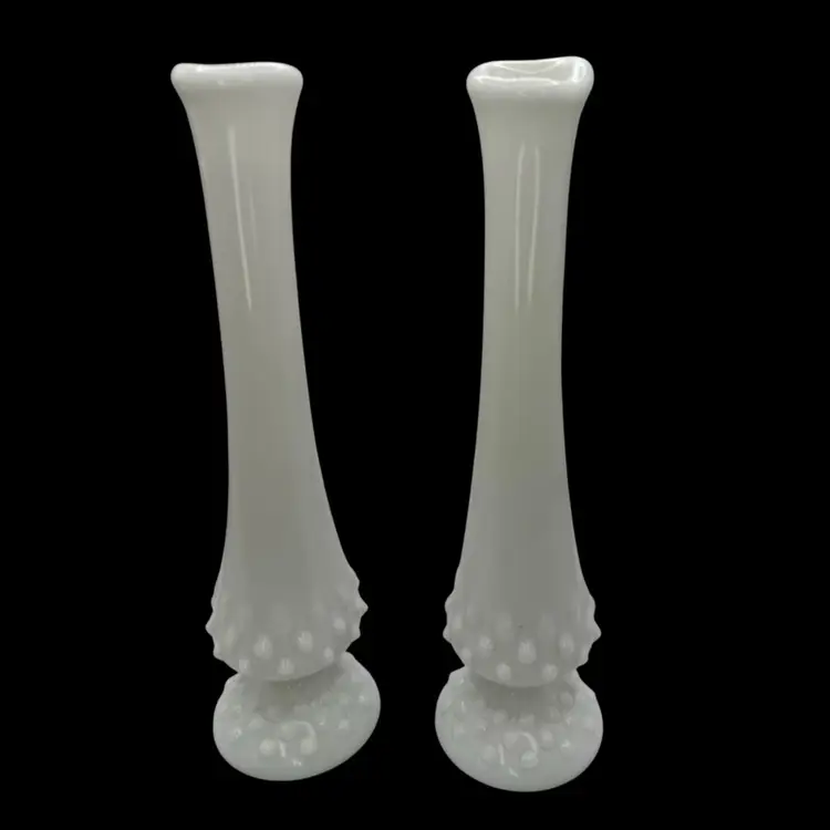 Pair Of Swung Milk Glass Hobnail Bud Vases 8 1/2”H