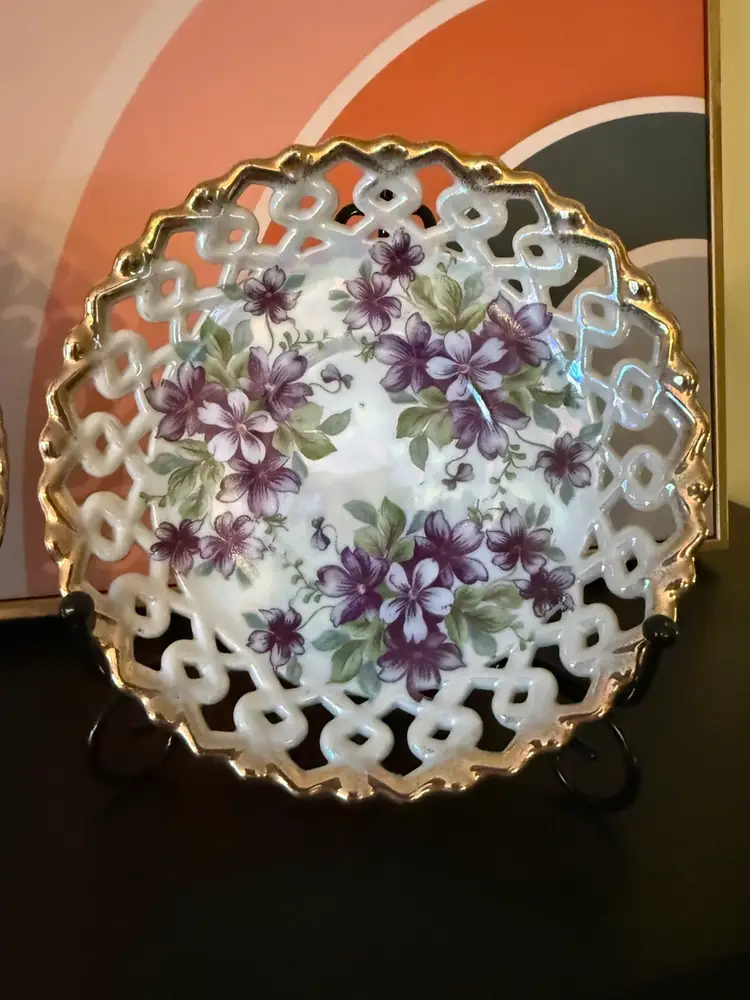 Vintage Royal Sealy China Japan Lusterware Reticulated Plates – Pink Roses & Purple Violets, Gold Trim, Mid-Century Decorative Porcelain