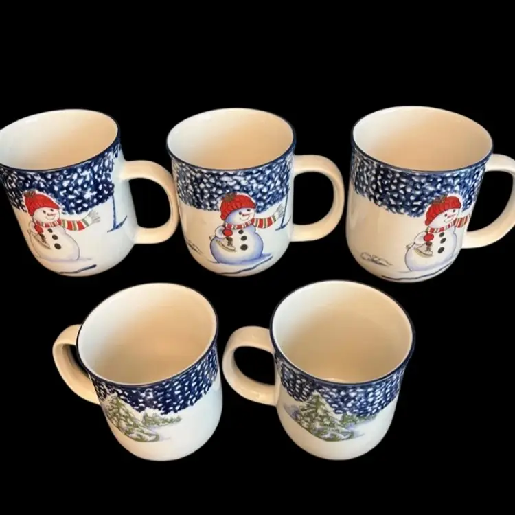 Set of 5 ☃️Vintage Thomson Pottery Spongeware Snowman Mugs with Winter ❄️ EC