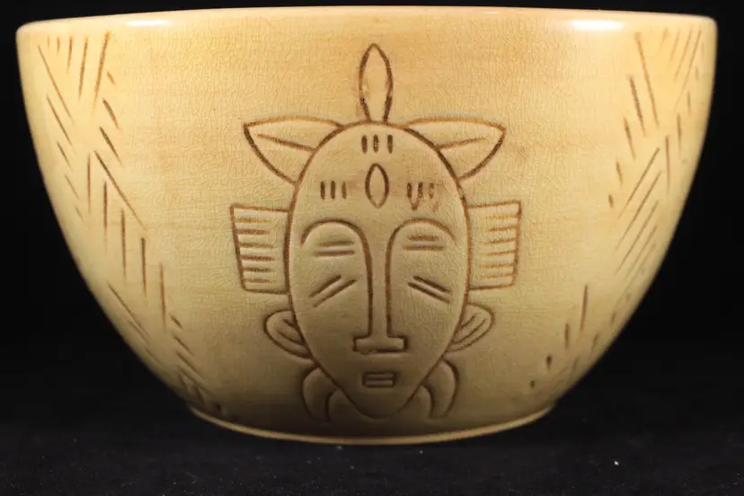 Vtg MCM Drostdy Ware 10" Large Bowl with African Masks - Made in South Africa