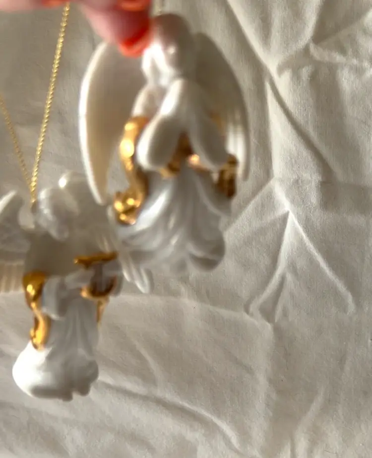 2 Praying & Playing Harp White & Gold Ceramic Angels