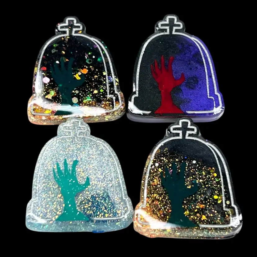 4-set Tombstone Grave Zombie Hand Resin Magnets. Handmade By Me 🫶 With Glitters. 1-1/2" length. Perfect For Halloween.