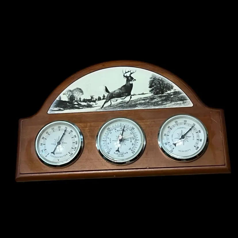 Springfield Decorative Weather Station Center Wood Deer Decor Barometer 15” X 8”
