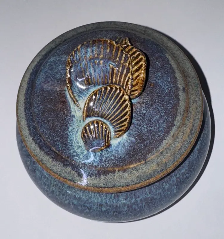 Studio Pottery lidded jar Blues Sea Shell Finial 4.75” wide