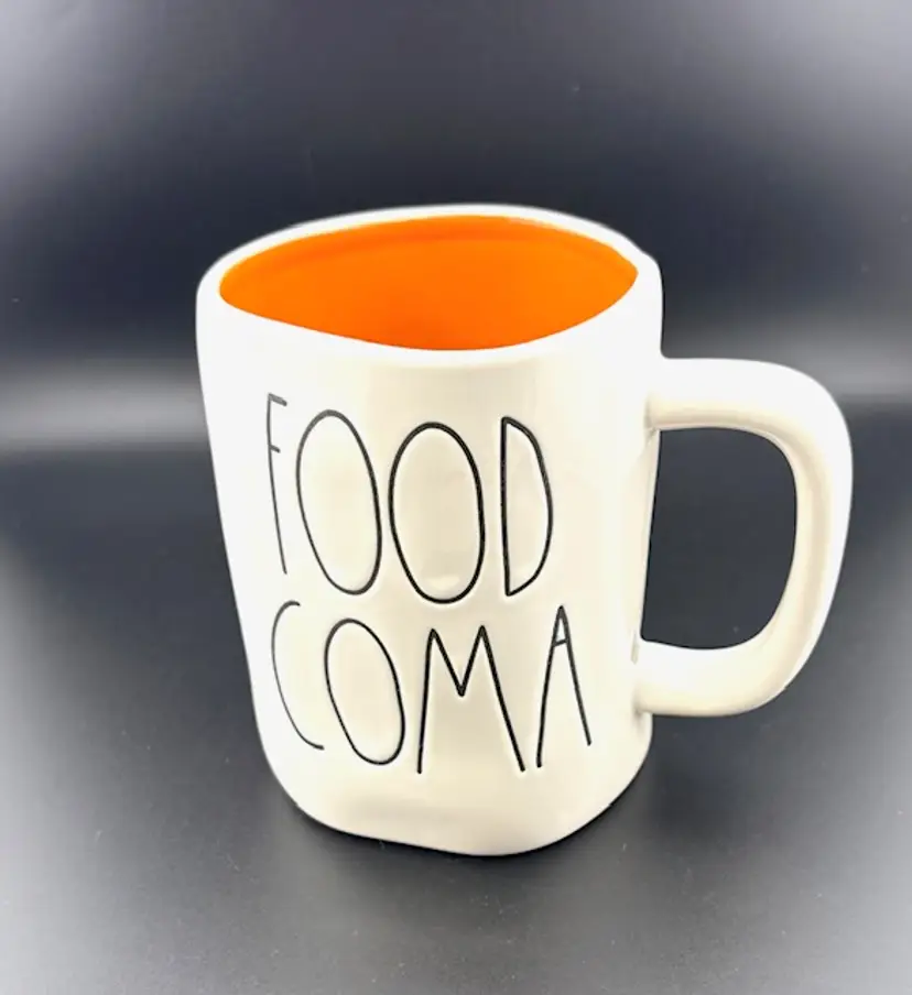 Rae Dunn Food Coma White Ceramic Coffee Mug with Orange inside 4.75" tall x 5" wide at handle
