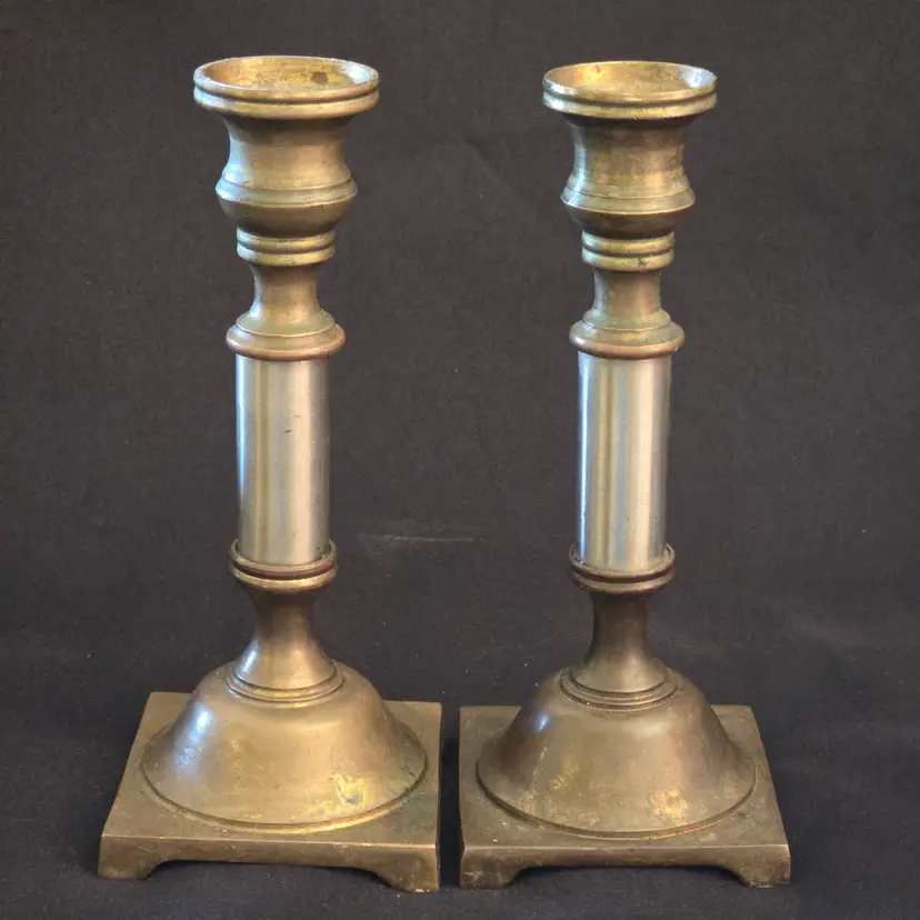 Candlesticks Brass and Metal Holders 7½" Tall made in Hong Kong Pair Vintage