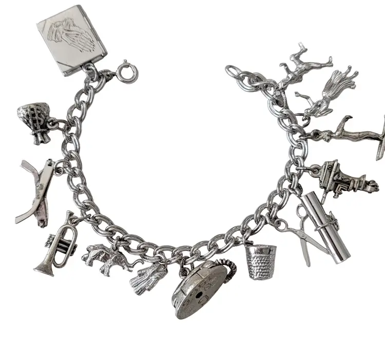 Sterling Silver Vintage Loaded 14 Special Charms Bracelet 7" Long E631