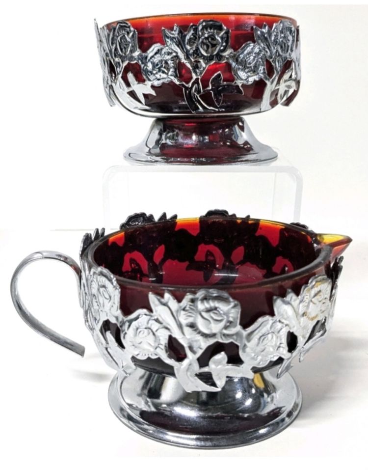 CADMIUM Ruby Red Glass Cream & Sugar and Condiment Bowls with Chrome Plated Pedestal Bases, Made in England | 2.6" Tall ea