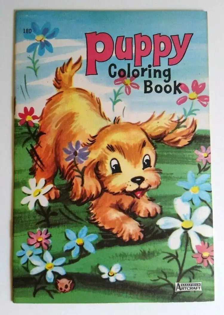 Big Little Book Puppy Coloring 180 Saalfield Unused NOS Cute Dog In Flower Bed