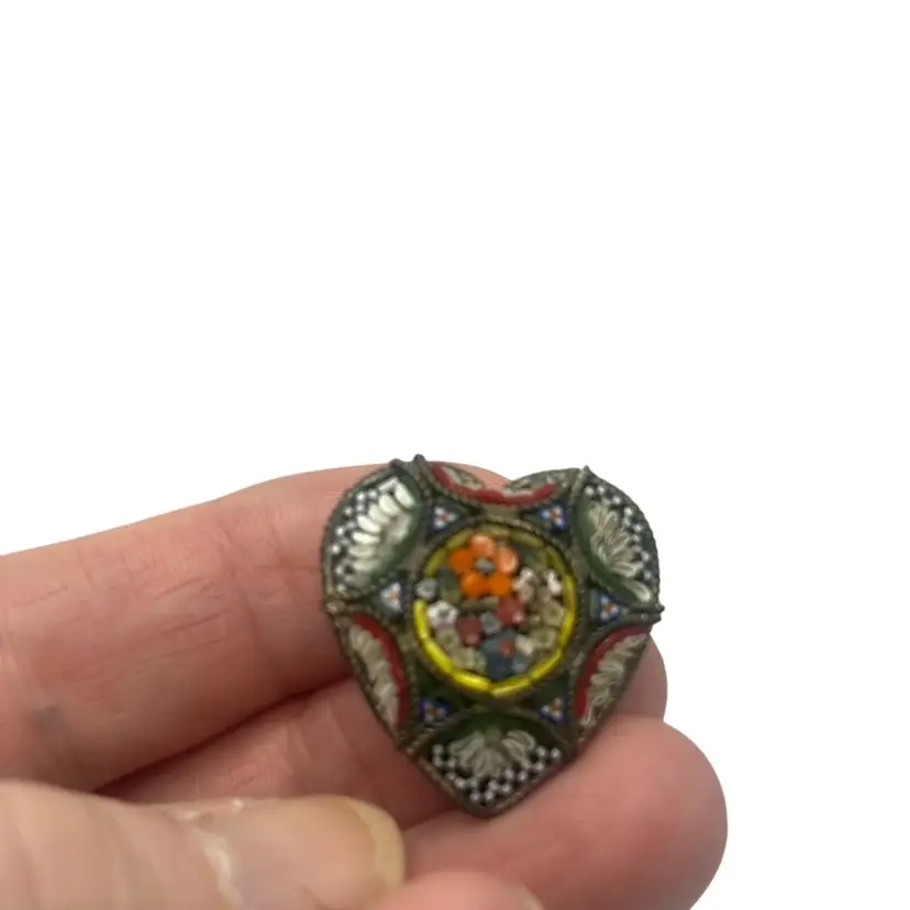 Micro Mosaic Vintage Heart Pin Brooch, 1”