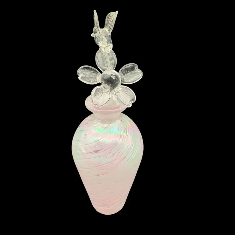 BIN - Iridescent Pink & White Swirl Art Glass Perfume Bottle With Hummingbird And Flower Stopper 7.5”