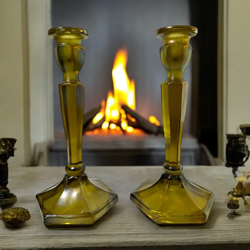 010. Vintage Olive Green Colonial Florentine (Northwood Or Fenton?) Glass Candlesticks. “chip”