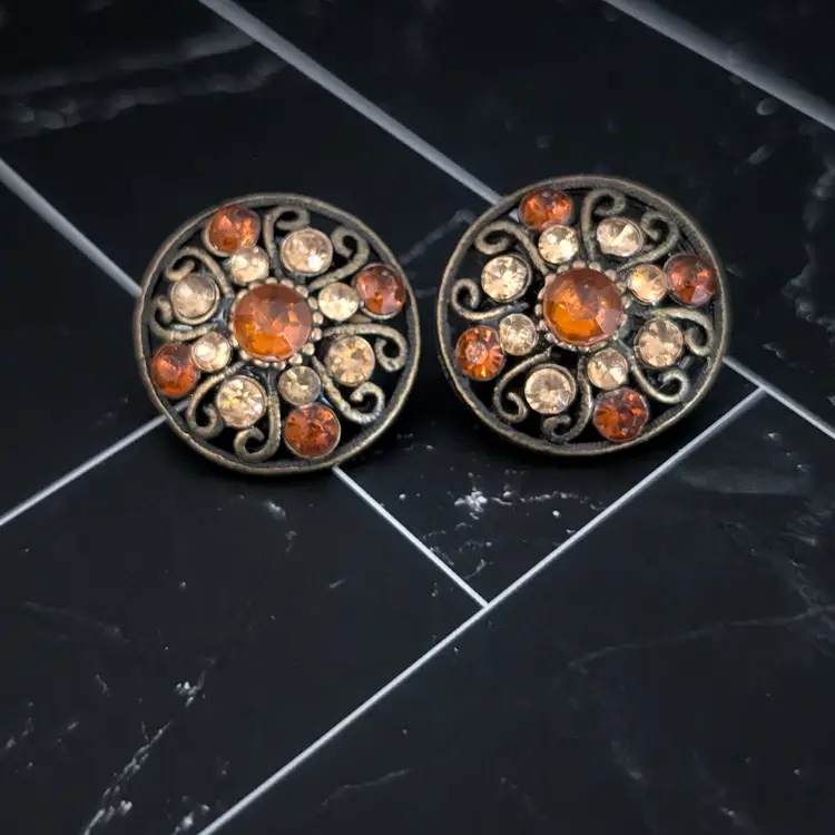 Vintage Clip On Earrings - Dark Bronze Tone with Shades of Orange Gems 7/8"