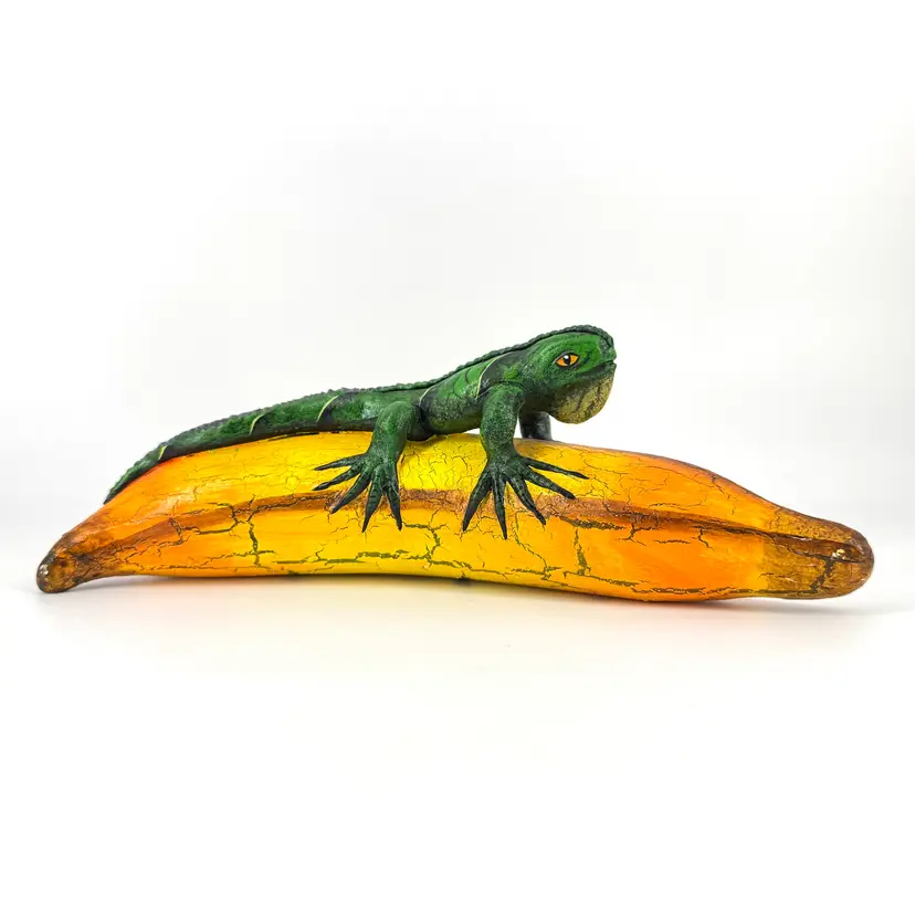 E. Alvarez Handcrafted Sculpture Of Green Iguana Resting On Yellow Banana Mexico