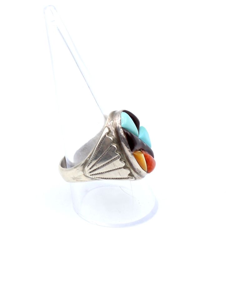 Richard & Geneva Terrazas Zuni Inlay turquoise coral sterling size 10.5 ring 13.23g