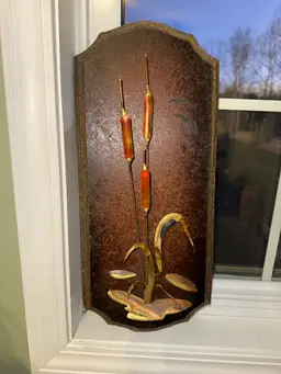 MCM Vintage Wood Copper & Brass Cattails Wall Art Plaque metal 3d