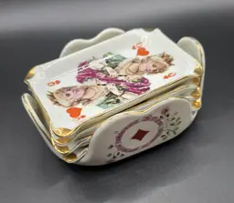 Vintage Japanese Porcelain Playing Card Trinket Dish Set – Gold Trim & Floral Accents