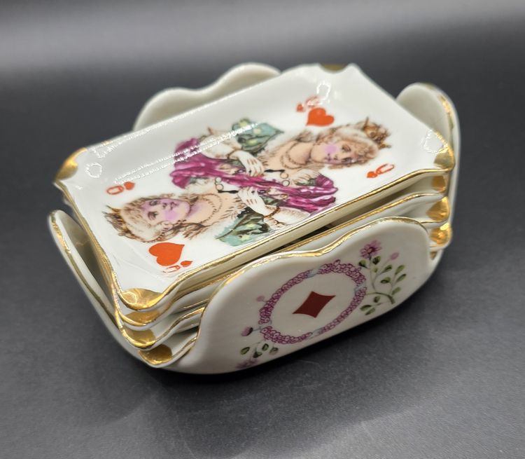 Vintage Japanese Porcelain Playing Card Trinket Dish Set – Gold Trim & Floral Accents