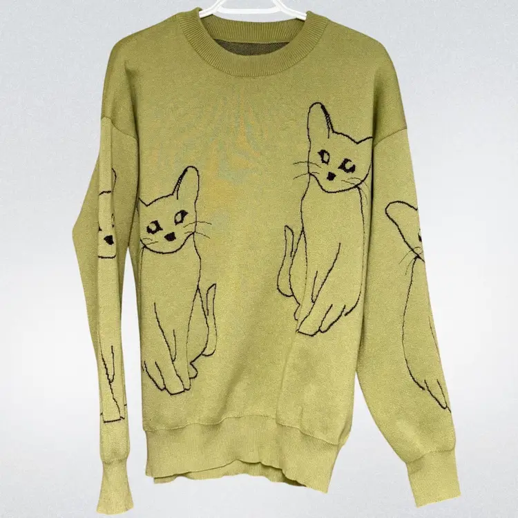 Contemporary Fast Fashion Olive Green Cat Crewneck Sweater, Size XL